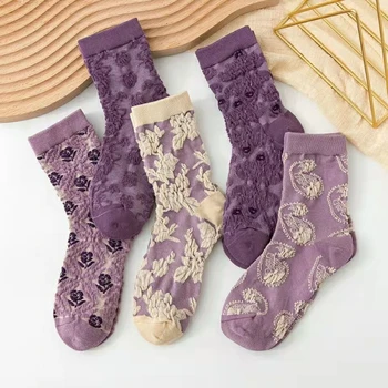 1 чифт/комплект, дамски чорапи, Лилаво, годината на реколтата, с цветен модел, Модерен, европейски и Американски стил, Улични Чорапи със средна дължина, есенни чорапи в стил Ретро, придворни чорапи, 3D
