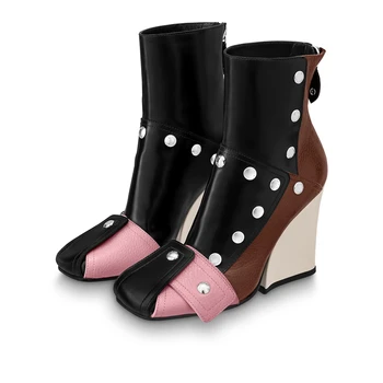 Нови Дамски Модни Подиумные обувки на Токчета с квадратни пръсти, с цип, Разноцветни обувки с Катарама и Нитове, Къси Ботильоны, Големи Размери 34-43
