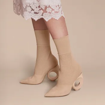 Модни дамски обувки с остри пръсти, възли Вълнени Еластични ботуши на Висок Ток със специална форма, персонални дишащи меш ботуши