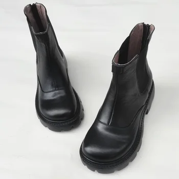 Дамски обувки на платформа, есенен дамски обувки, широки дамски ботильоны от 100% естествена кожа, черни есенни обувки