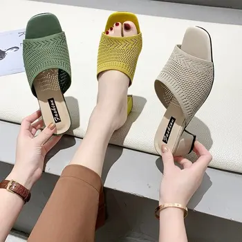 Дамски чехли 2022, удобни Летни Чехли със затворени пръсти, Дамски Модни Улични Сандали с плетением, Дамски Чехли на ток средно