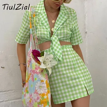 TiulZial/ Зелено Женствена рокля в клетката Y2K, Съкратен топ дантела и мини пола, комплект от две части, Лятото е Кратко рокля за момичета