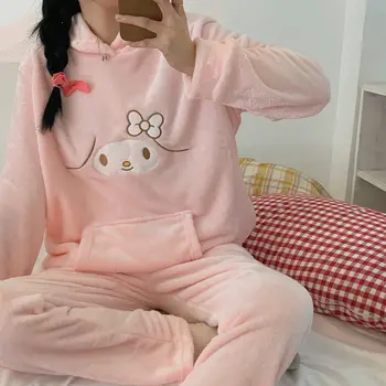 kawaii Sanrio My Melody Kuromi пижами Cinnamoroll с бродерия за момичета, пижами от коралов руно, дебели комплект за домашно облекло с дълги ръкави